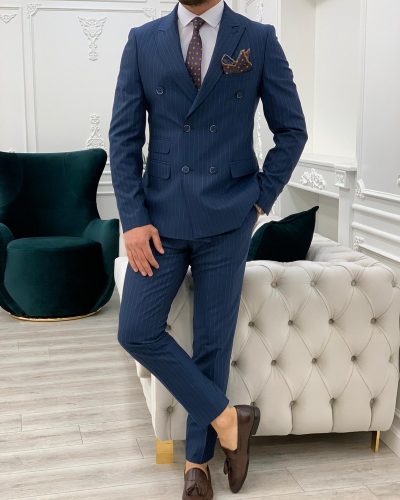 Buy Dark Blue Slim Fit Double Breasted Pinstripe Suit | BespokeDailyShop