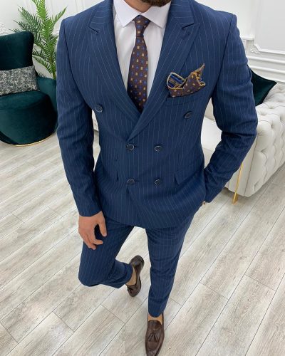 Dark Blue Slim Fit Double Breasted Pinstripe Suit by BespokeDailyShop.com with Free Worldwide Shipping