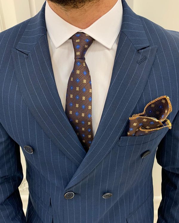 Buy Dark Blue Slim Fit Double Breasted Pinstripe Suit | BespokeDailyShop