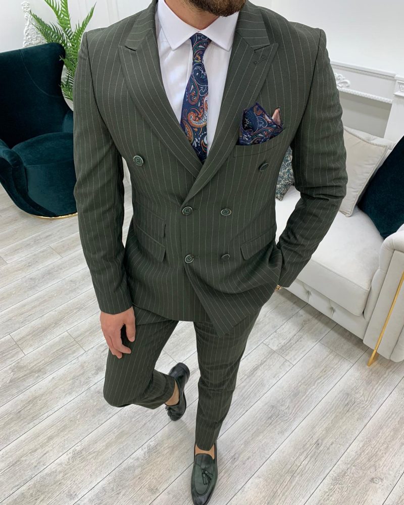 Green Slim Fit Double Breasted Pinstripe Suit by BespokeDailyShop.com with Free Worldwide Shipping
