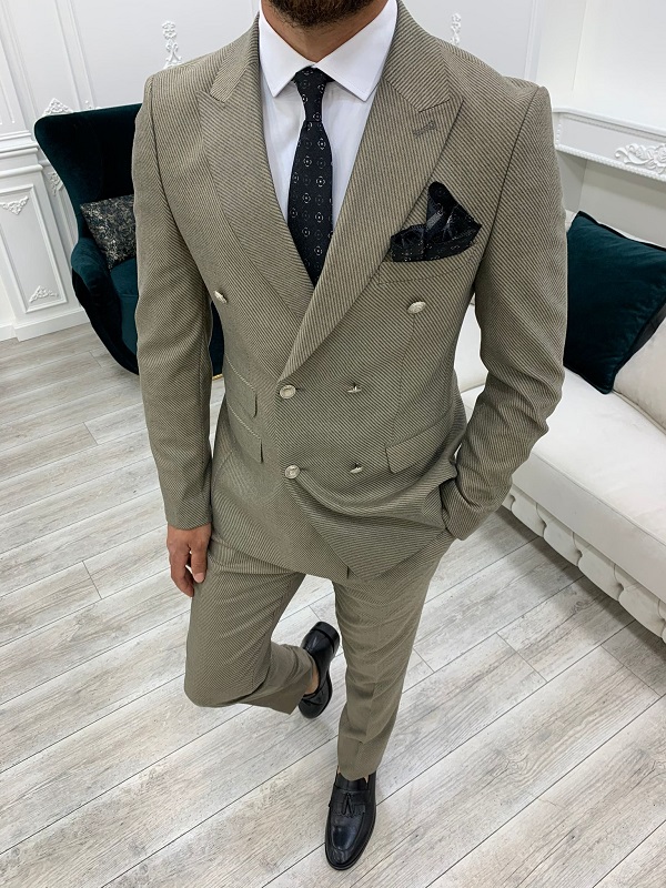 Beige Slim Fit Double Breasted Suit for Men by BespokeDailyShop.com with Free Worldwide Shipping