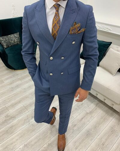 Blue Slim Fit Double Breasted Suit for Men by BespokeDailyShop.com with Free Worldwide Shipping