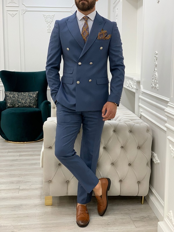 Blue Slim Fit Double Breasted Suit for Men by BespokeDailyShop.com with Free Worldwide Shipping