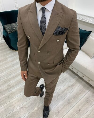 Brown Slim Fit Double Breasted Suit for Men by BespokeDailyShop.com with Free Worldwide Shipping