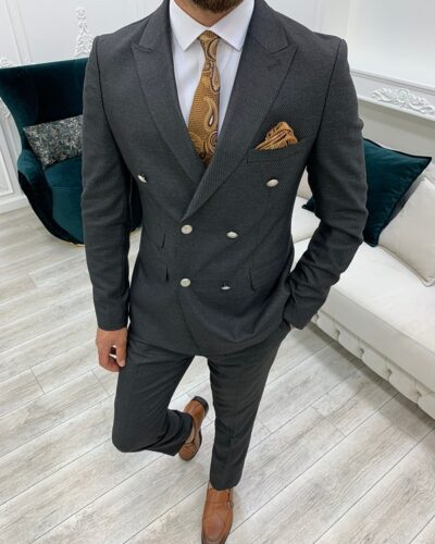 Dark Gray Slim Fit Double Breasted Suit for Men by BespokeDailyShop.com with Free Worldwide Shipping