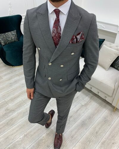 Gray Slim Fit Double Breasted Suit for Men by BespokeDailyShop.com with Free Worldwide Shipping