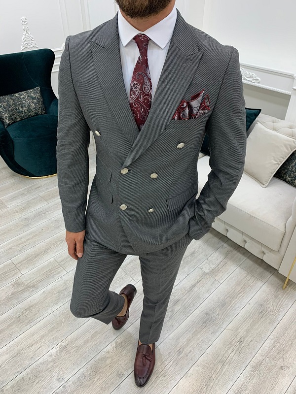 Gray Slim Fit Double Breasted Suit for Men by BespokeDailyShop.com with Free Worldwide Shipping
