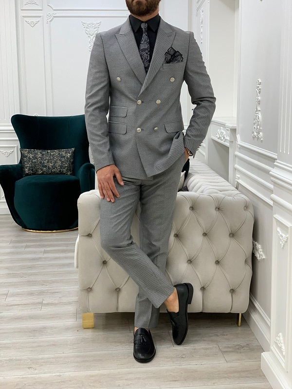 Light Gray Slim Fit Double Breasted Suit for Men by BespokeDailyShop.com with Free Worldwide Shipping