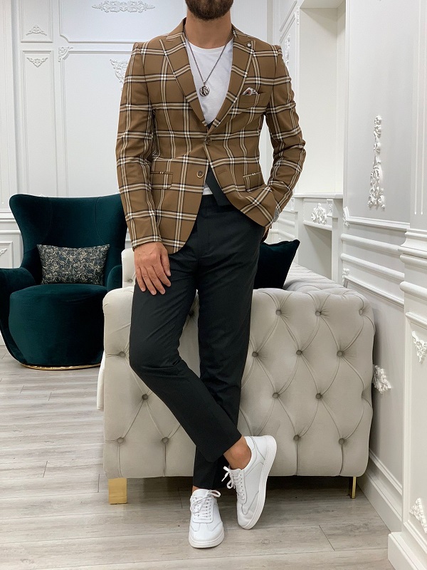 Brown Slim Fit Peak Lapel Plaid Suit for Men by BespokeDailyShop.com with Free Worldwide Shipping