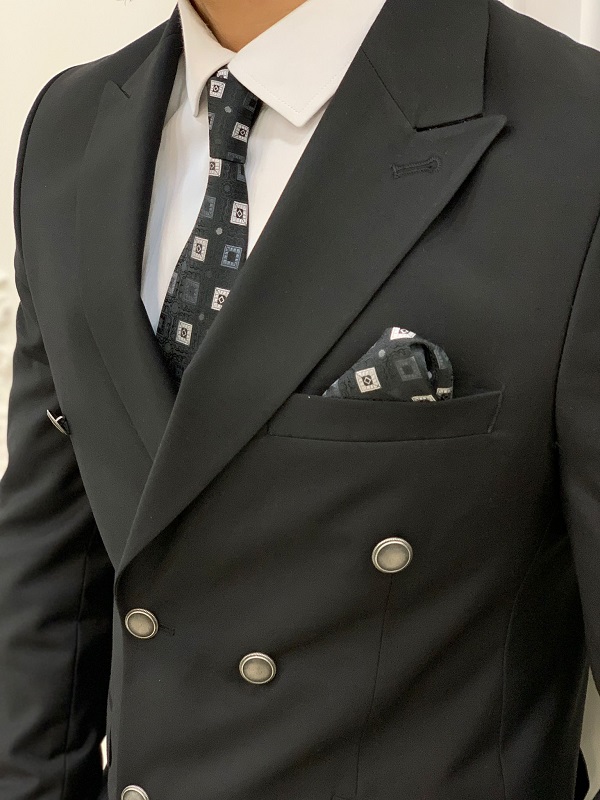 Black Slim Fit Peak Lapel Double Breasted Suit for Men by BespokeDailyShop.com with Free Worldwide Shipping