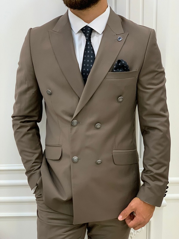 Brown Slim Fit Peak Lapel Double Breasted Suit for Men by BespokeDailyShop.com with Free Worldwide Shipping