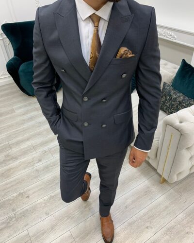Gray Slim Fit Peak Lapel Double Breasted Suit for Men by BespokeDailyShop.com with Free Worldwide Shipping