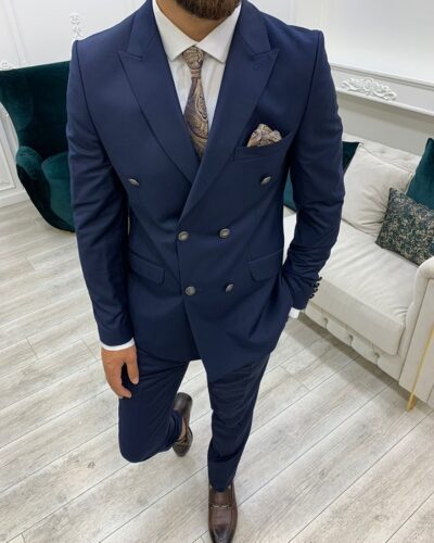 Navy Blue Slim Fit Peak Lapel Double Breasted Suit for Men by BespokeDailyShop.com with Free Worldwide Shipping