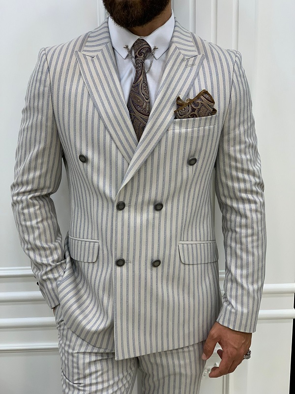 Beige Slim Fit Peak Lapel Double Breasted Striped Suit for Men by BespokeDailyShop.com with Free Worldwide Shipping