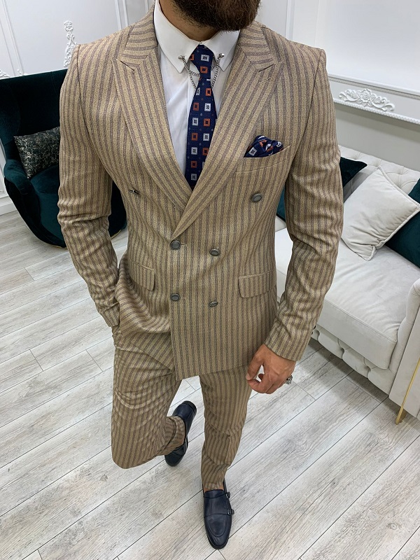 Brown Slim Fit Peak Lapel Double Breasted Striped Suit for Men by BespokeDailyShop.com with Free Worldwide Shipping