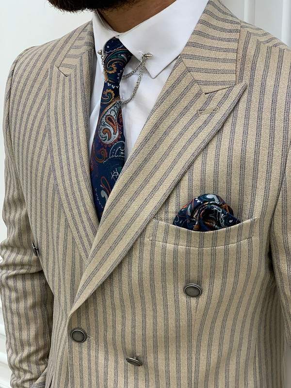 Cream Slim Fit Peak Lapel Double Breasted Striped Suit for Men by BespokeDailyShop.com with Free Worldwide Shipping