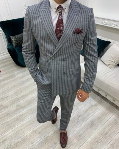 Navy Blue Slim Fit Peak Lapel Double Breasted Striped Suit for Men by BespokeDailyShop.com with Free Worldwide Shipping