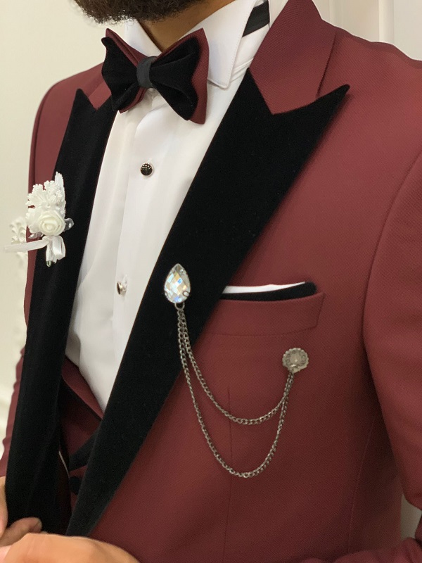 Burgundy Slim Fit Velvet Peak Lapel Tuxedo for Men by BespokeDailyShop.com with Free Worldwide Shipping