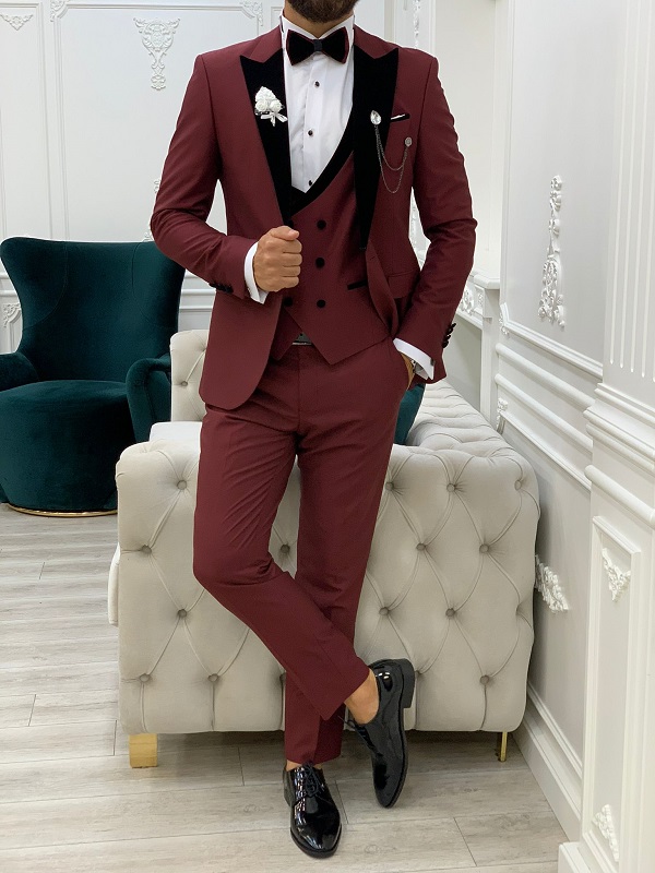 Burgundy Slim Fit Velvet Peak Lapel Tuxedo for Men by BespokeDailyShop.com with Free Worldwide Shipping