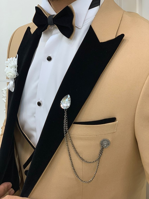 Golden Slim Fit Velvet Peak Lapel Tuxedo for Men by BespokeDailyShop.com with Free Worldwide Shipping