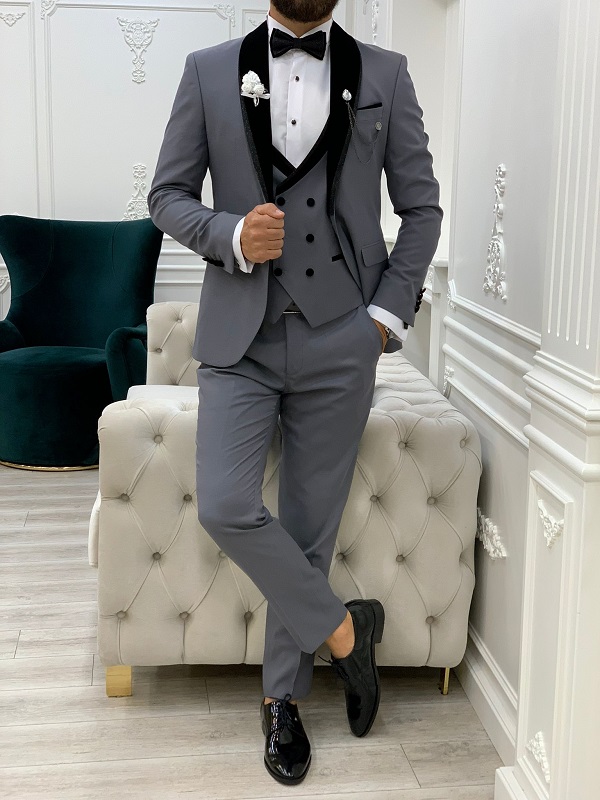 Gray Slim Fit Velvet Shawl Lapel Tuxedo for Men by BespokeDailyShop.com with Free Worldwide Shipping