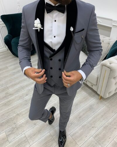 Gray Slim Fit Velvet Shawl Lapel Tuxedo for Men by BespokeDailyShop.com with Free Worldwide Shipping