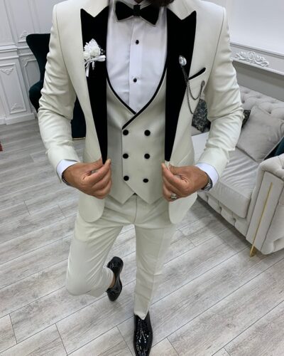 Off White Slim Fit Velvet Peak Lapel Tuxedo for Men by BespokeDailyShop.com with Free Worldwide Shipping