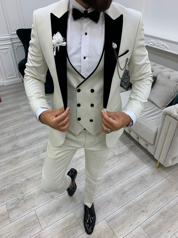 Off White Slim Fit Velvet Peak Lapel Tuxedo for Men by BespokeDailyShop.com with Free Worldwide Shipping