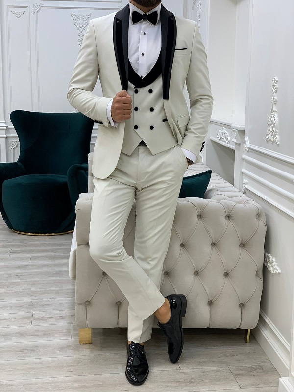 Off White Slim Fit Shawl Lapel Tuxedo for Men by BespokeDailyShop.com with Free Worldwide Shipping