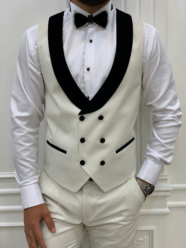 Off White Slim Fit Shawl Lapel Tuxedo for Men by BespokeDailyShop.com with Free Worldwide Shipping