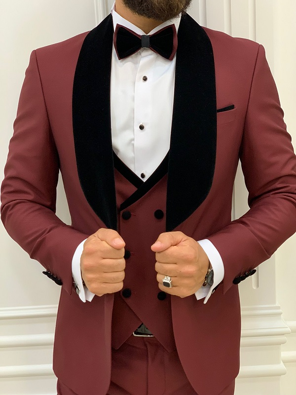 Burgundy Slim Fit Velvet Shawl Lapel Tuxedo for Men by BespokeDailyShop.com with Free Worldwide Shipping