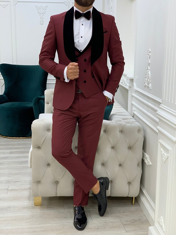 Burgundy Slim Fit Velvet Shawl Lapel Tuxedo for Men by BespokeDailyShop.com with Free Worldwide Shipping