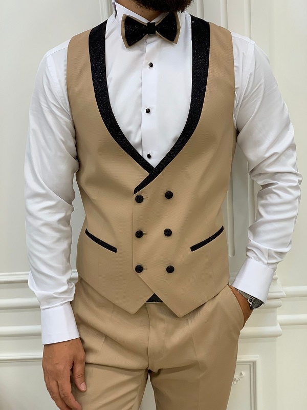 Golden Slim Fit Peak Lapel Tuxedo for Men by BespokeDailyShop.com with Free Worldwide Shipping