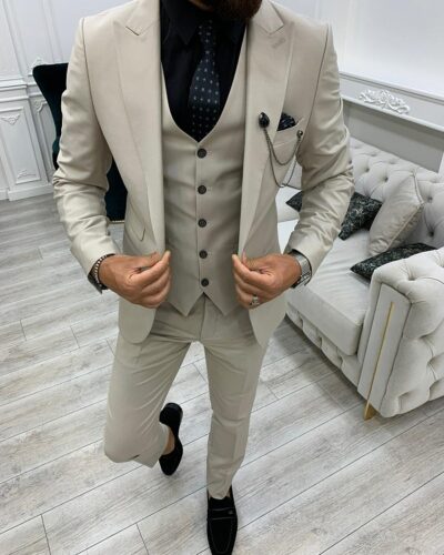 Beige Slim Fit Peak Lapel Suit for Men by BespokeDailyShop.com with Free Worldwide Shipping