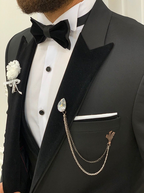 Black Slim Fit Velvet Peak Lapel Tuxedo for Men by BespokeDailyShop.com with Free Worldwide Shipping