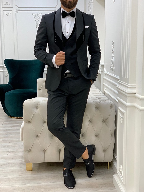 Black Slim Fit Velvet Shawl Button Lapel Tuxedo for Men by BespokeDailyShop.com with Free Worldwide Shipping