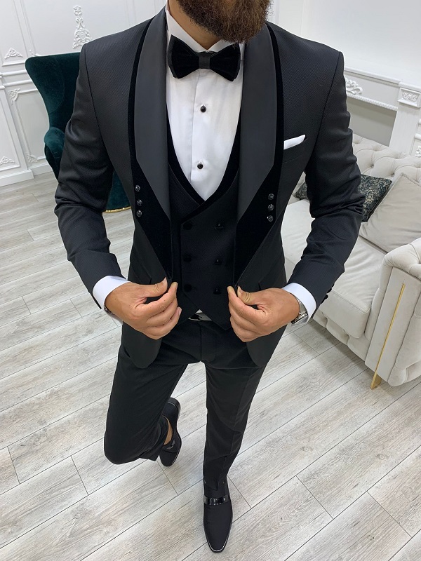 Black Slim Fit Velvet Shawl Button Lapel Tuxedo for Men by BespokeDailyShop.com with Free Worldwide Shipping