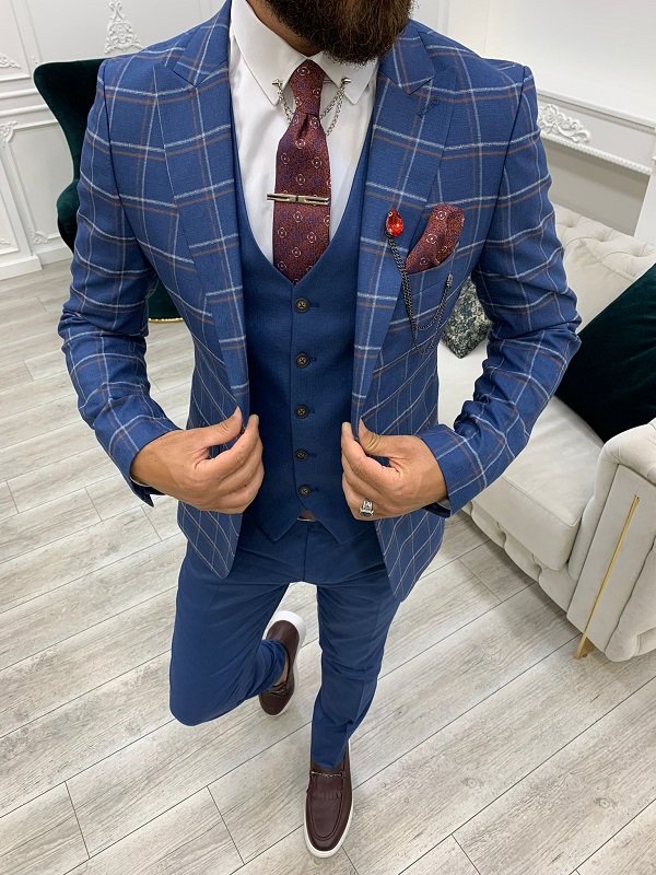Blue Slim Fit Peak Lapel Plaid Suit for Men by BespokeDailyShop.com with Free Worldwide Shipping