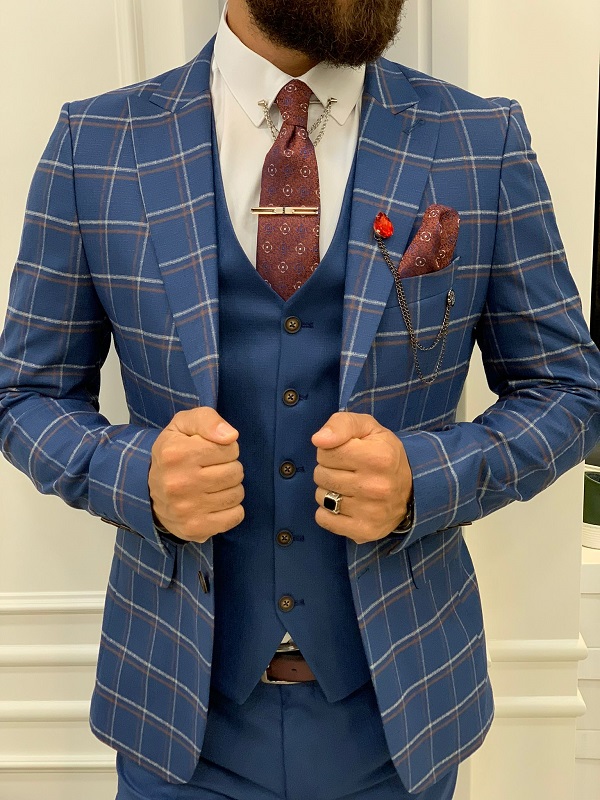 Blue Slim Fit Peak Lapel Plaid Suit for Men by BespokeDailyShop.com with Free Worldwide Shipping