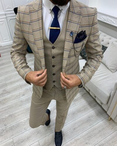 Cream Slim Fit Peak Lapel Plaid Suit for Men by BespokeDailyShop.com with Free Worldwide Shipping