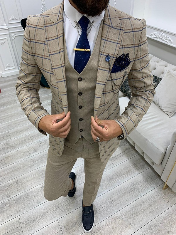 Cream Slim Fit Peak Lapel Plaid Suit for Men by BespokeDailyShop.com with Free Worldwide Shipping