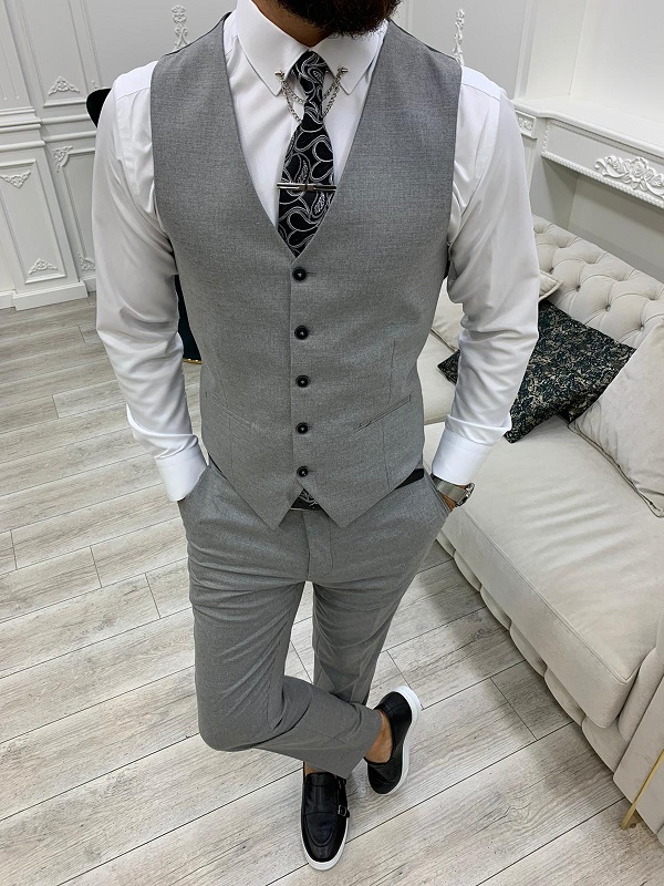 Dark Gray Slim Fit Peak Lapel Plaid Suit for Men by BespokeDailyShop.com with Free Worldwide Shipping