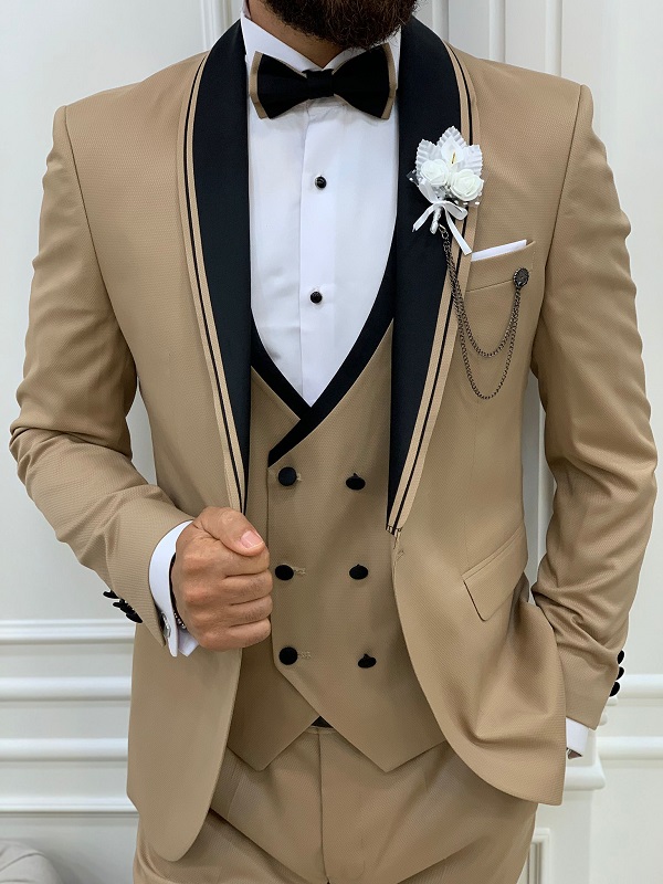Gold Slim Fit Shawl Lapel Tuxedo for Men by BespokeDailyShop.com with Free Worldwide Shipping