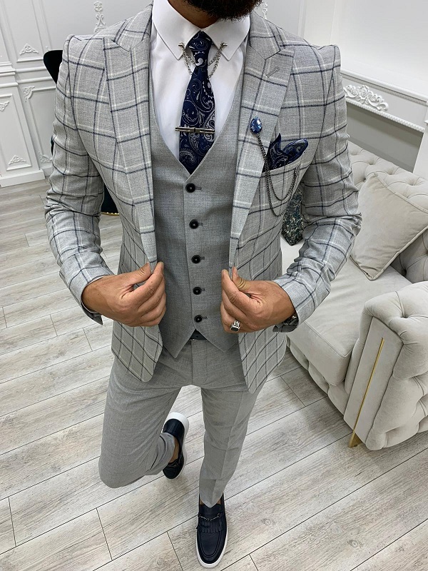 Gray Slim Fit Peak Lapel Plaid Suit for Men by BespokeDailyShop.com with Free Worldwide Shipping