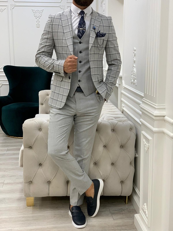 Gray Slim Fit Peak Lapel Plaid Suit for Men by BespokeDailyShop.com with Free Worldwide Shipping