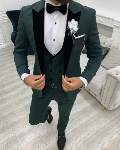 Green Slim Fit Velvet Peak Lapel Tuxedo for Men by BespokeDailyShop.com with Free Worldwide Shipping