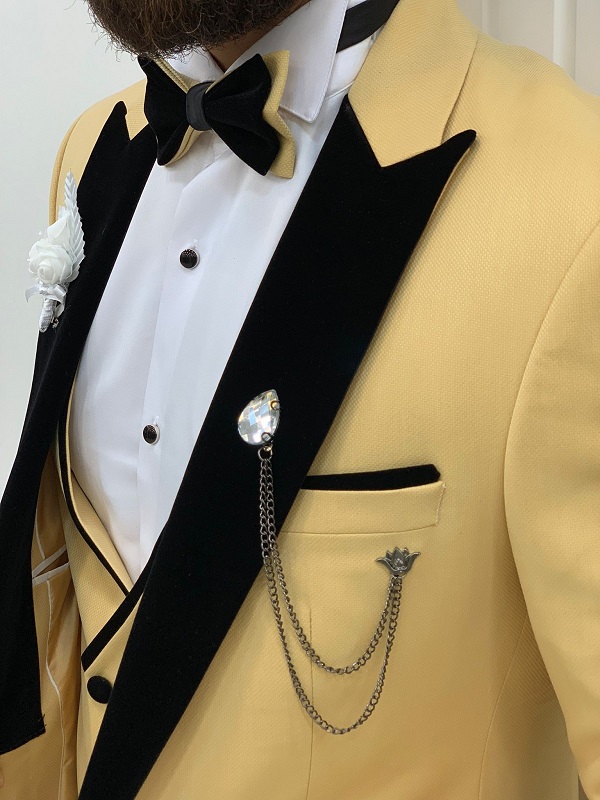 Yellow Slim Fit Velvet Peak Lapel Tuxedo for Men by BespokeDailyShop.com with Free Worldwide Shipping