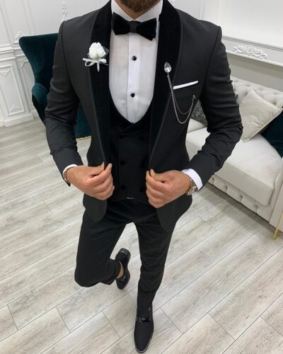 Black Slim Fit Velvet Shawl Lapel Tuxedo for Men by BespokeDailyShop.com with Free Worldwide Shipping