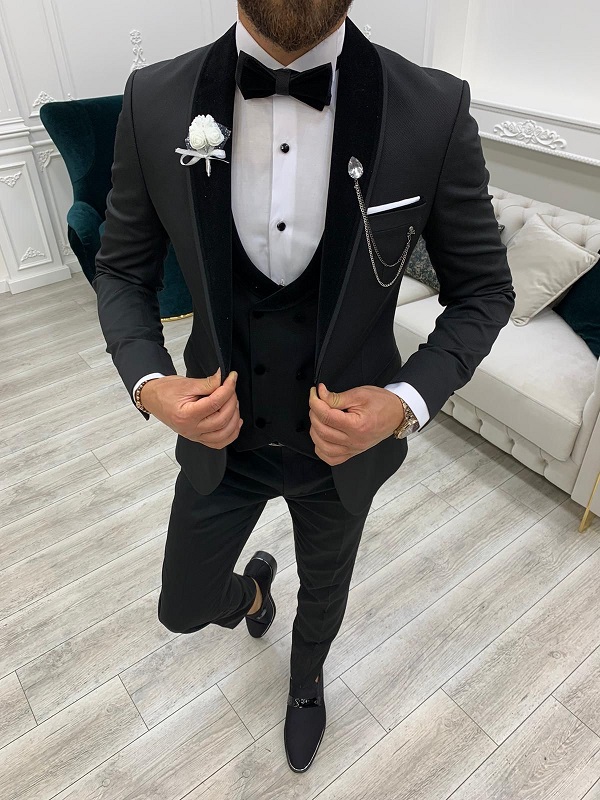 Black Slim Fit Velvet Shawl Lapel Tuxedo for Men by BespokeDailyShop.com with Free Worldwide Shipping