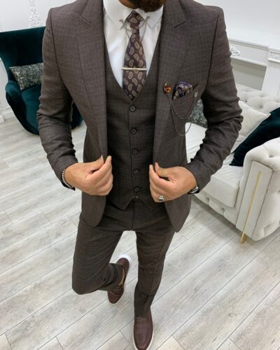 Brown Slim Fit Peak Lapel Suit for Men by BespokeDailyShop.com with Free Worldwide Shipping
